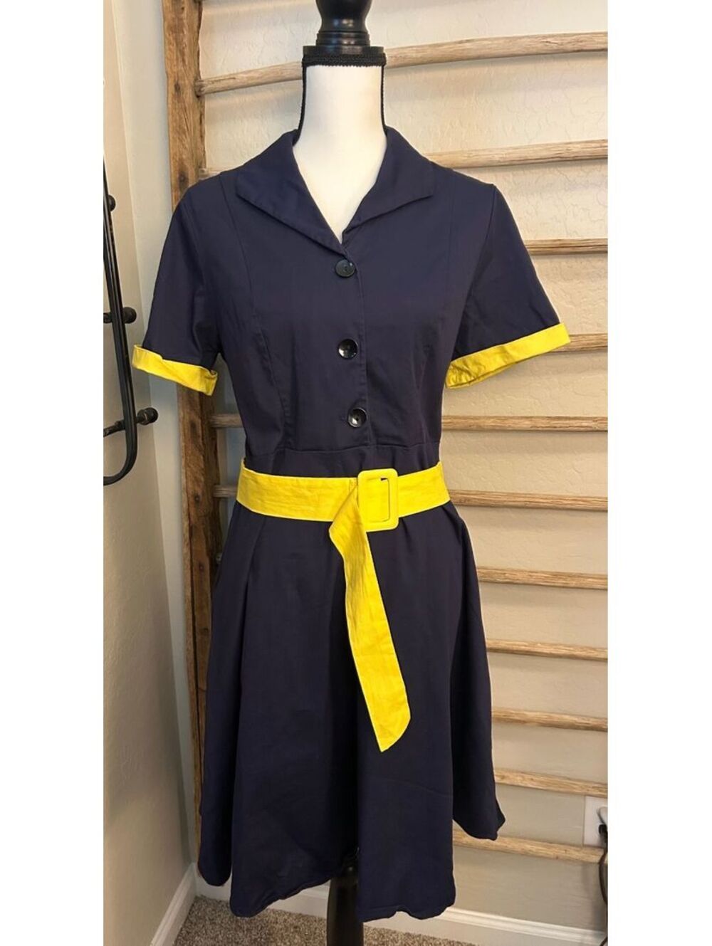 Navy Blue and Yellow Belted Button-Front Dress Size XL